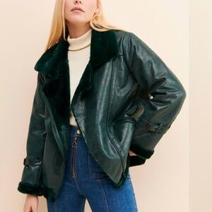 Hutch Green Faux Fur and Faux Leather Moto Jacket